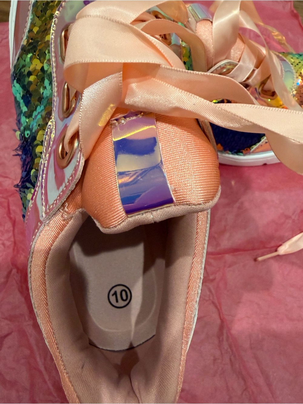 Girls Iridescent Sequin Rainbow Sneakers with Pink Satin Laces - Picture 3 of 8